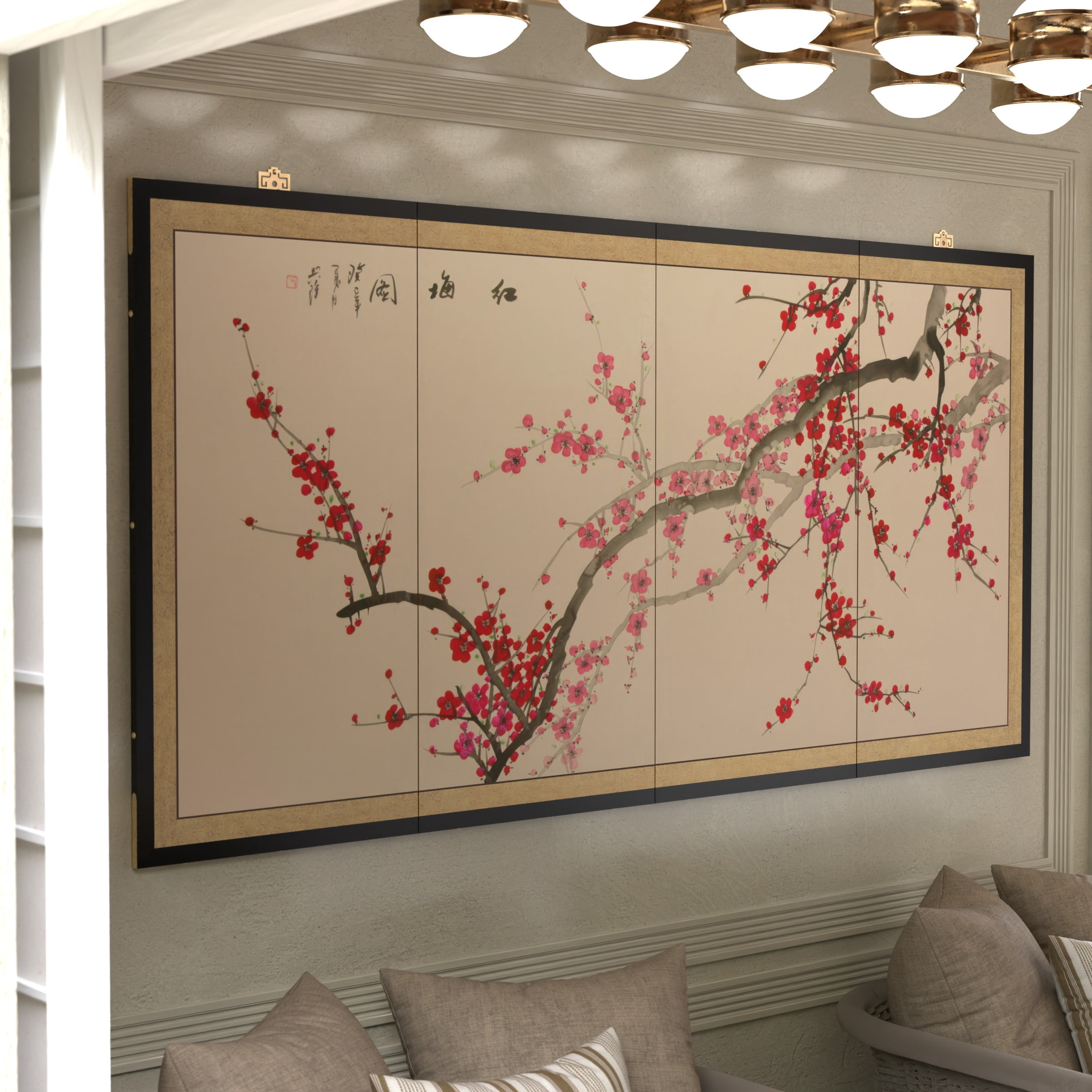 6ft. Long Handpainted Chinese Silk Wall Art Screen - Plum Tree Blossoms