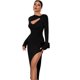 thumbnail image 1 of Vestido de noche delgado con abertura lateral, manga larga y corte torcido en la parte delantera, elegante vestido largo ajustado de punto para mujer, 1 of 7