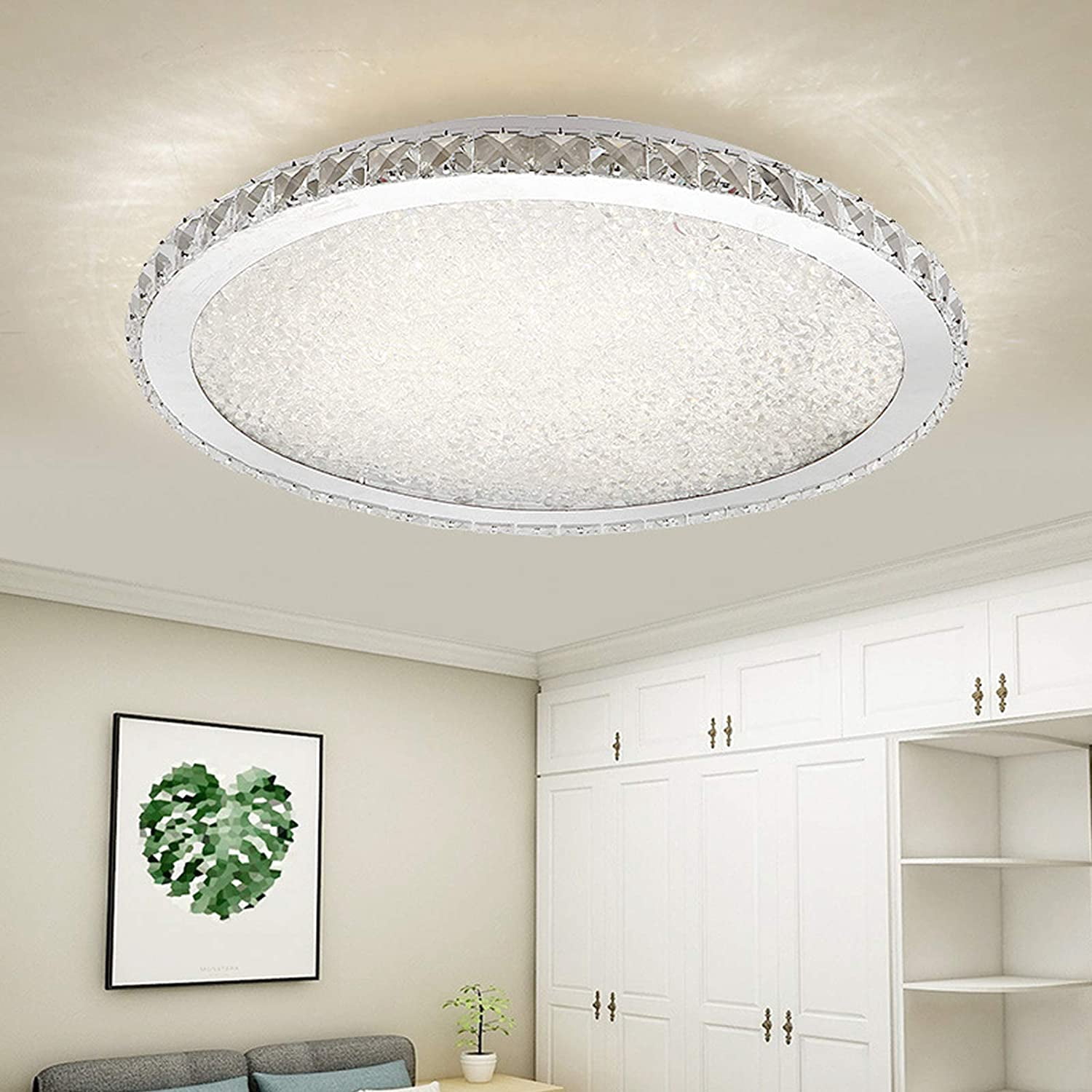 Fetcoi Modern Crystal Ceiling Lamp Luxury Embedded Installation Round LED Chandelier Raindrop Design Suitable for Living Room, Bedroom, Dining Room, Kitchen 30W