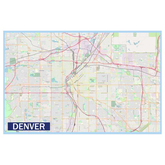 Map of Denver 18x24 Inch - Laminated Wall Map Poster - Blue Edition - High-Quality Print for Classrooms, Offices & Homes