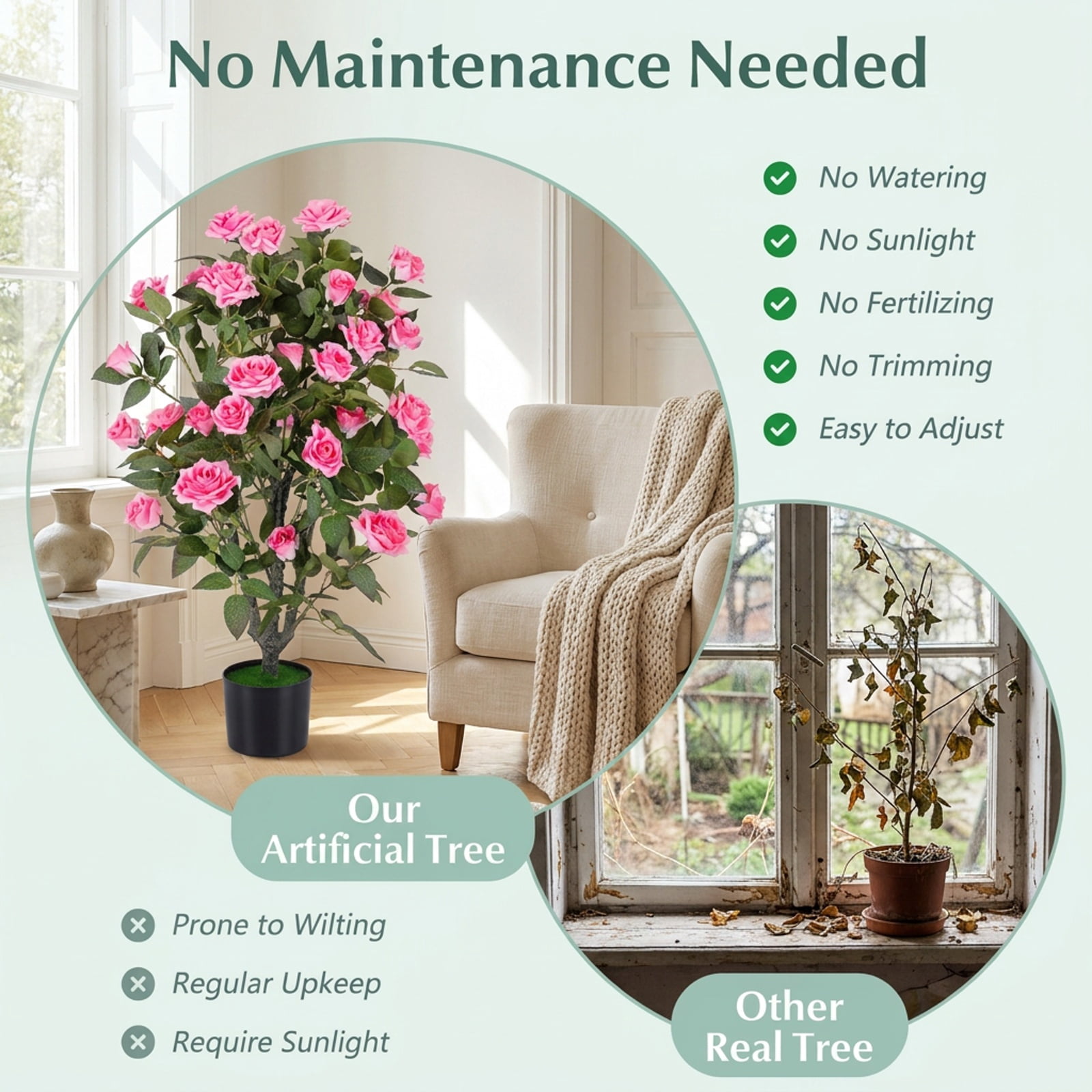 Vebreda Artificial Plant Decor, Set of 2 Artificial Rose Tree with Blooming Flowers and Green Leaves for Indoor, Beautiful & Lifelike Rose Tree