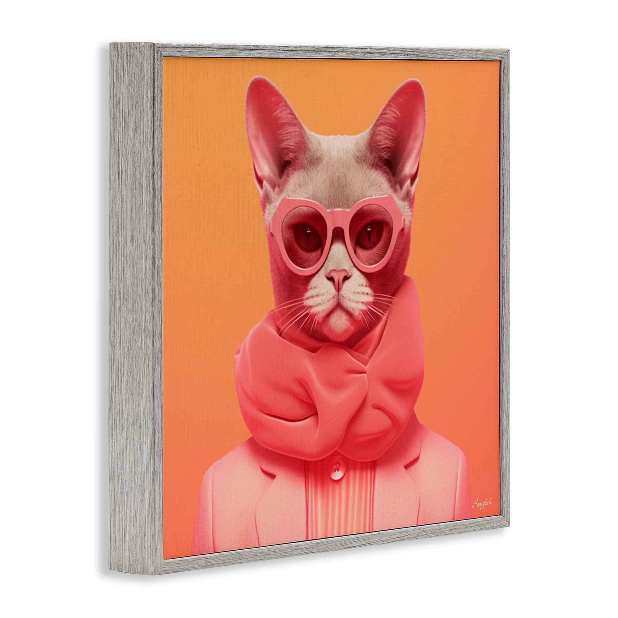 Stupell Industries Retro Glasses Cat on Orange Gray Framed Giclee Art, design by Roozbeh