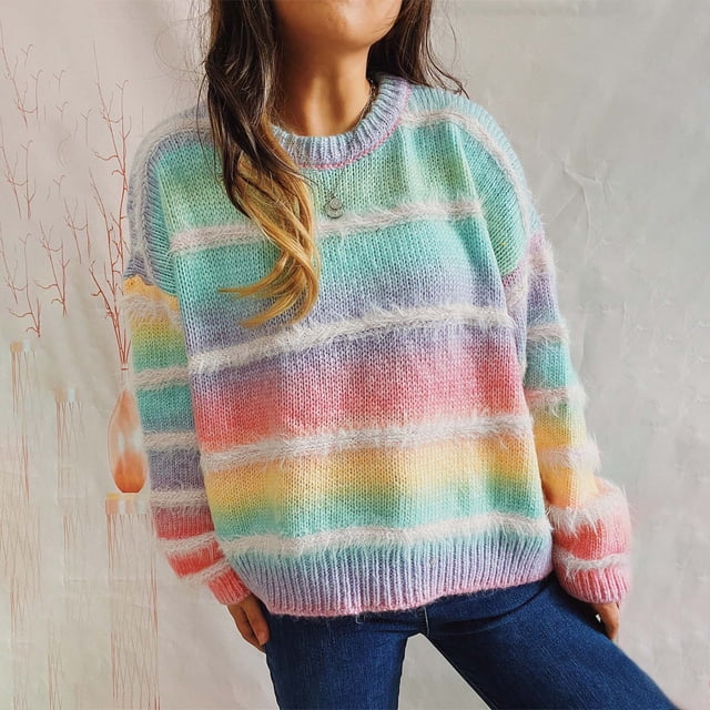 Pulls pour Femmes Automne Hiver Ample Dégradé Rayé Tricoté Col Rond Manches Longues Hauts Pull
