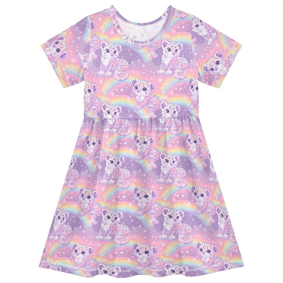 joogoo Cute Leopards Rainbow Girls' Short Sleeve Dress Kids Dresses 5-6T