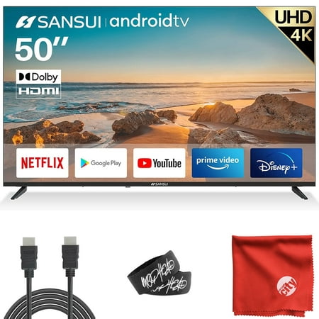 Sansui 50-Inch 4K UHD HDR LED Smart Android TV, Google Assistant Voice Control, Screen Share, HDMI, WiFi, USB Bundle with HDMI Cable and Accessories ES50V1UA (Android 9 OS)