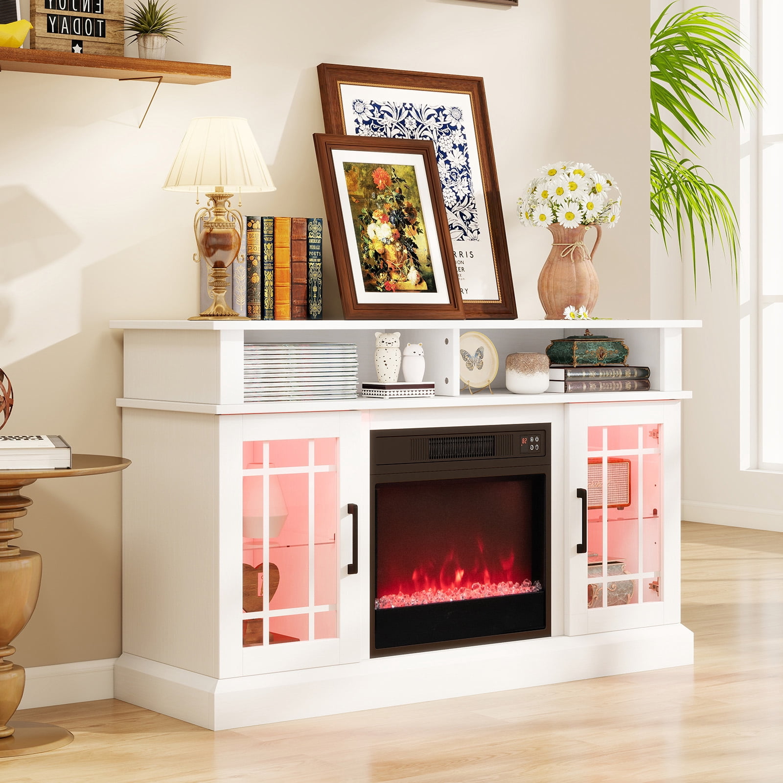 Costway TV Stand with Electric Fireplace LED Lights Remote Controls Storage Cabinets for TVs Up to 55 Inches White