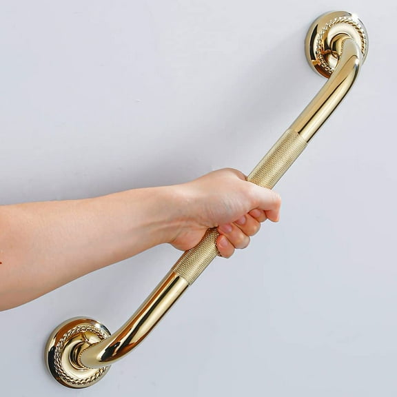 Textured Shower Grab Bar, 16-Inch Bathroom Support Rails, Stylish Safety Armrest Hand Rail, Polished Brass/Gold Finish, Good for Senior, Kids, Elderly