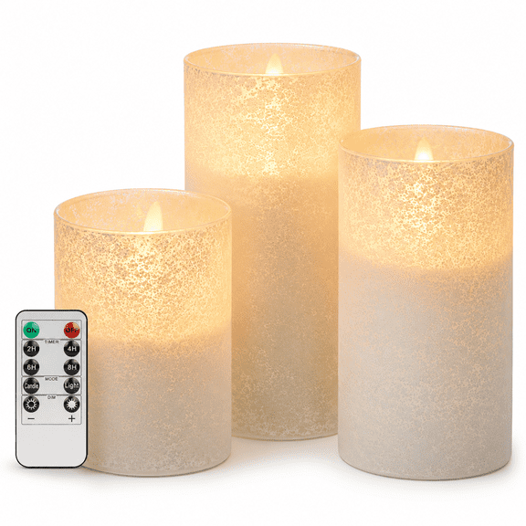 ANGELLOONG White Glass Flameless Candles with Remote Timer, Real Wax Flickering Fake LED Pillar Candle Battery Operated Set of 3