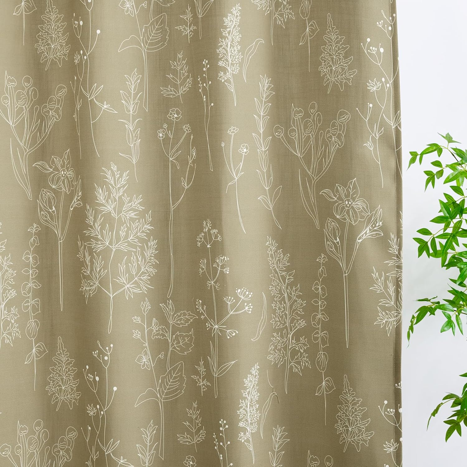 Vintage Botanical Linen Shower Curtain for Bathroom in Black and White, Heavy Duty 180GSM Textured Fabric Shower Curtain Set Cute Plant Leaves Design, Modern Farmhosue Boho Floral Bathroom Decor