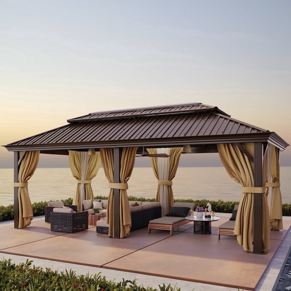HOTEEL 12x20 Hardtop Gazebo with Metal Roof & Drainage System, Heavy Duty Galvanized Steel Gazebo with Reinforced Aluminum Frame, Privacy Curtains and Netting, for All-Weather, Brown