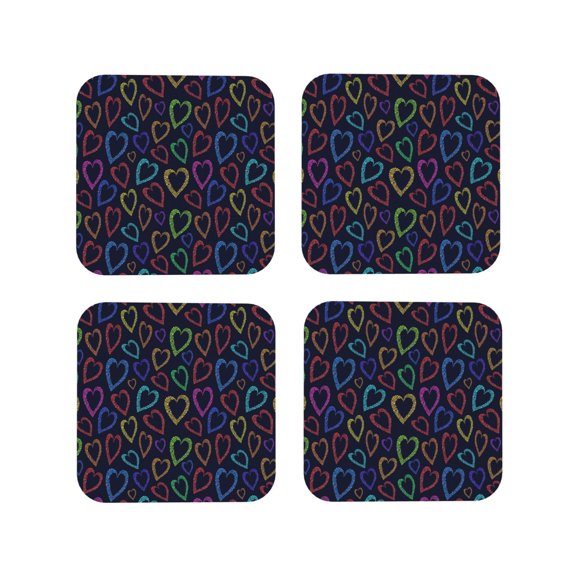 Picia Colored Hearts Printed Leather Coasters for Drinks, 4" Drink Coasters Set of 4 for Tabletop Protection, Handmade Luxurious Home Décor and Housewarming Gift -Square