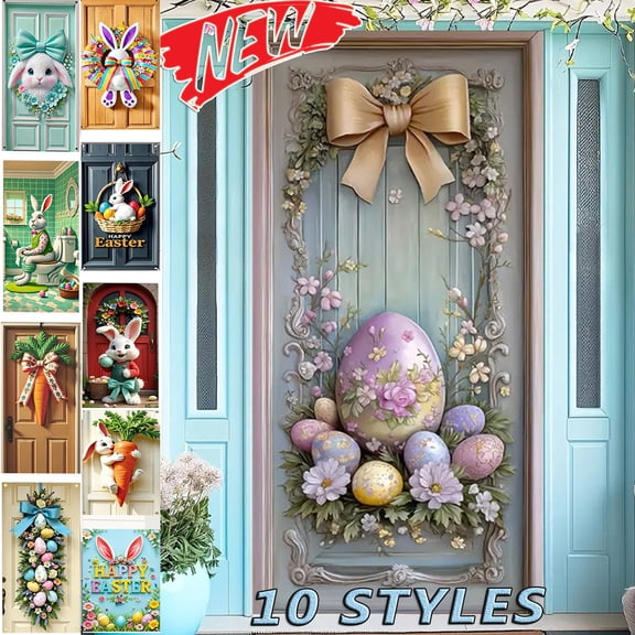 Tarmeek Easter Door Cover, 35x71 Inch Easter Bunny and Eggs Banner Easter Decor, Large Colorful Fabric Easter Door Banner for Door, Window, Home Decor, Photography Backdrops, Easter Decorations