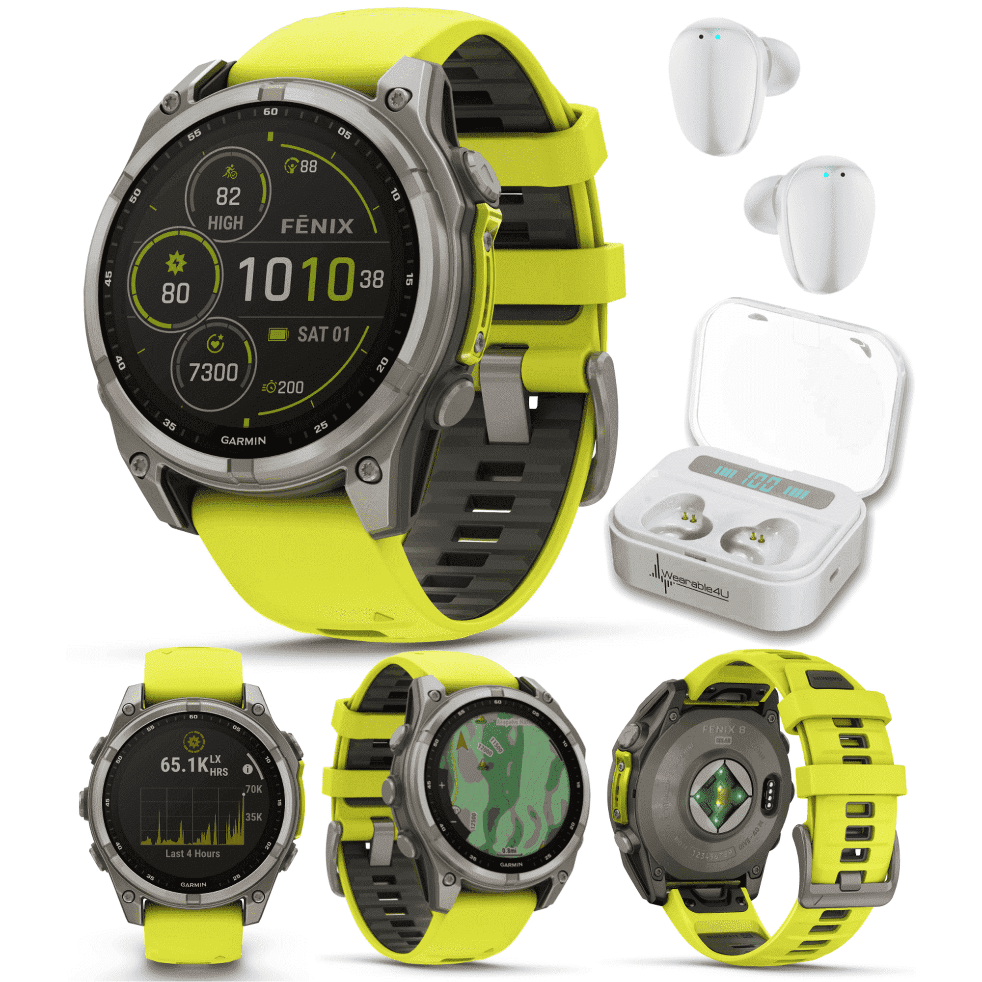 Garmin Fenix 8ÂÂ 47 mm Multisport GPS Smartwatch, Solar, Sapphire, Titanium with Amp Yellow/Graphite Silicone, Built-in LED Flashlight with Wearable4UWhite EarBuds Bundle