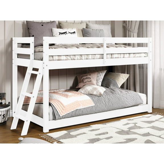 Bedz King Contemporary Twin Low Loft Bed, Ladder and Under Bed, White