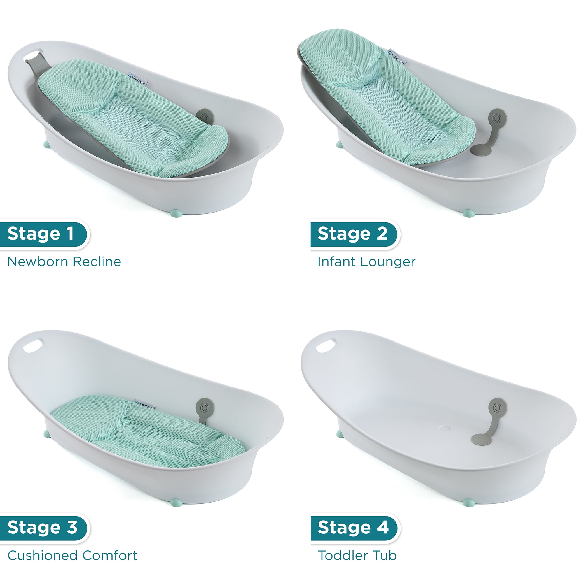 Contours Oasis 4-in-1 Comfort Cushion Baby Bathtub for Newborn, Infant, and Toddler - White