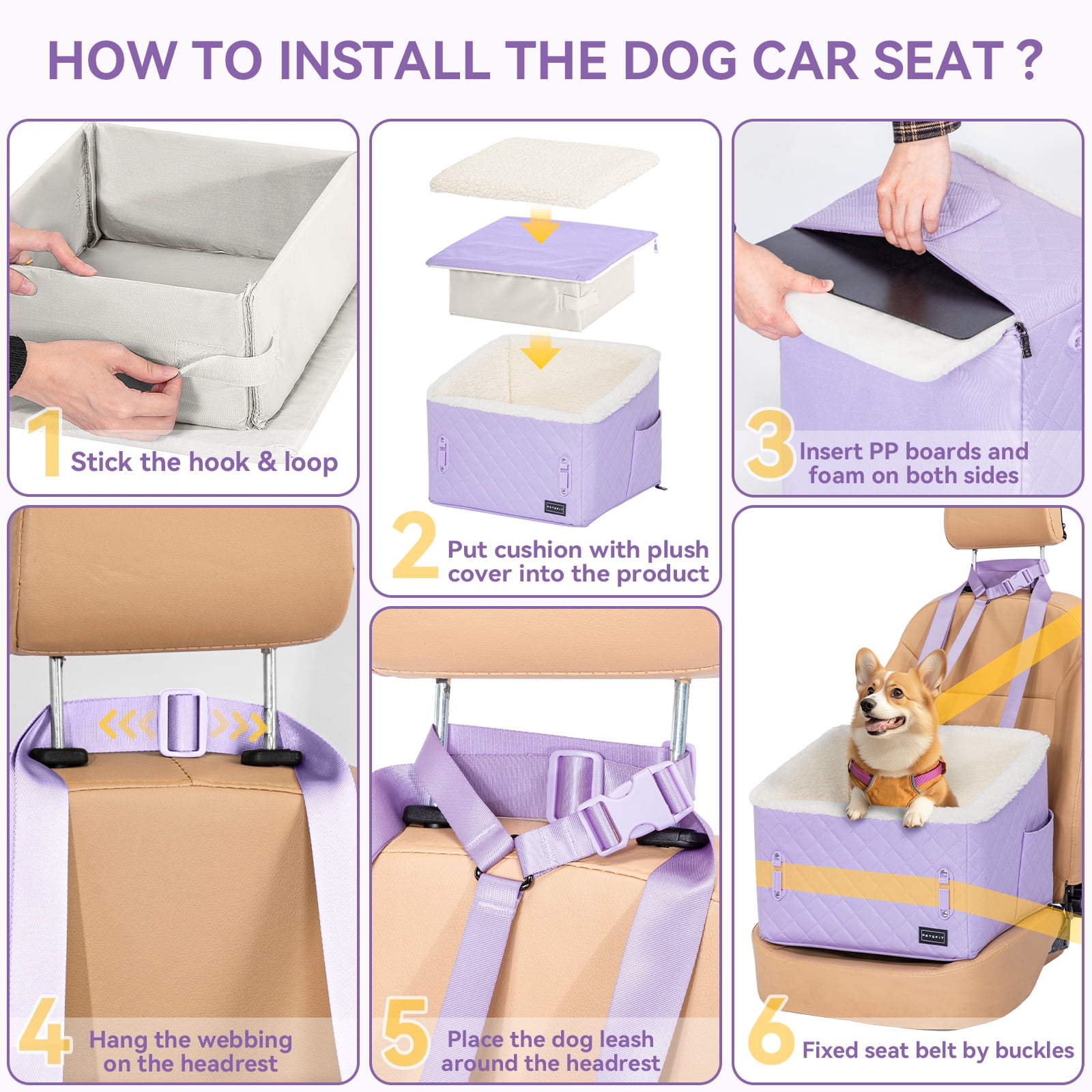PETSFIT Dog Booster Car Seat, Soft Foam,Patented Safety Buckles, Storage Pockets and Detachable Clip-On Safety Leash, 30 LBS (Purple)