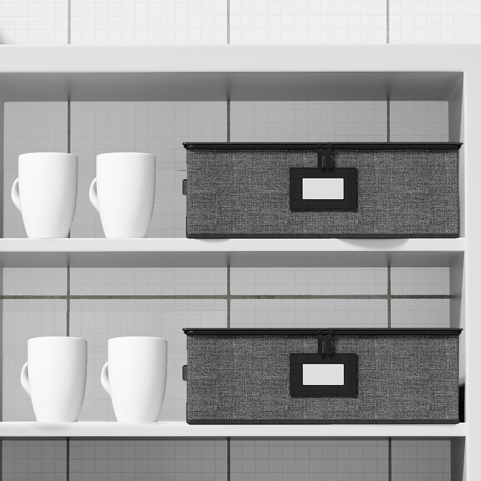 Aokeyee 2 Pack Cup and Mug Storage Box Hard Shell Holds 24 Coffee Mugs Glasses Stackable Organizers with Lid Handles Zippers Label for Moving Gray