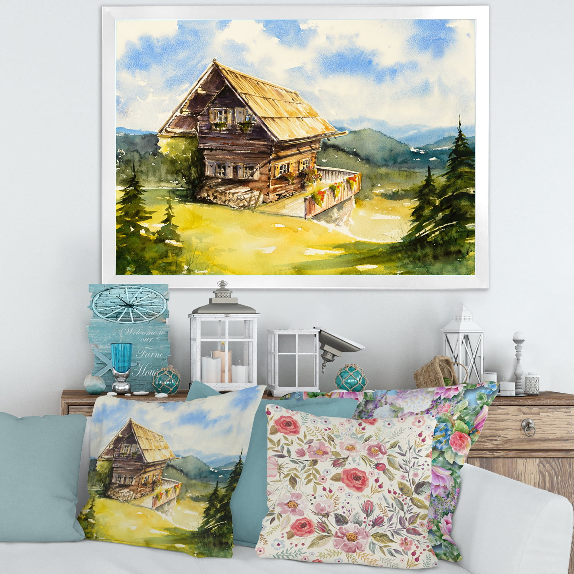 Designart 'Old Cottage At Summer With Peaceful Landscape' Traditional Framed Art Print