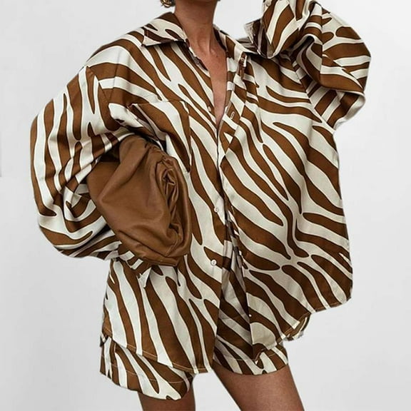 Oversized Animal Print Shirt & Shorts Set (S, Brown)