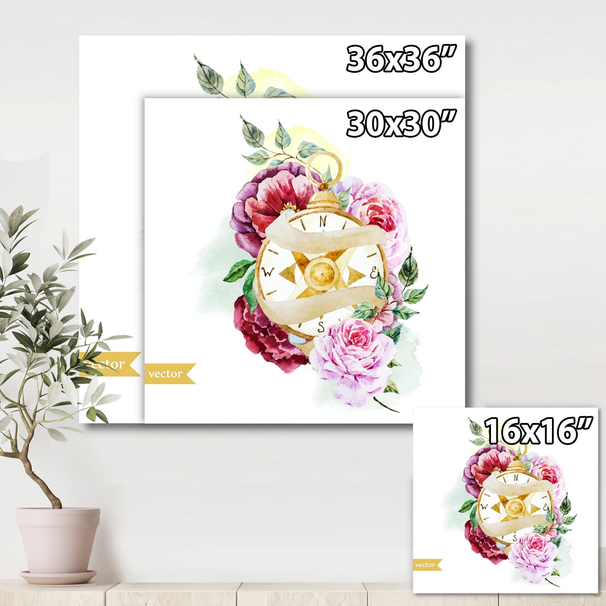 Designart ' Compass Among Flowers ' Traditional Canvas Wall Art Print