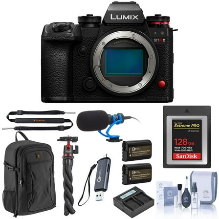 Panasonic LUMIX S1RII Mirrorless Camera, Bundle with 128GB CFexpress Type-B Card, 2x Battery, Dual Charger, 2x Charger Plate, MT-11 Tripod with Ball Head, Microphone, Backpack