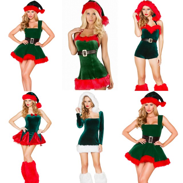 Disfraz navideño de campana verde para actuación de Papá Noel jugando por la noche con uniforme sin hombros