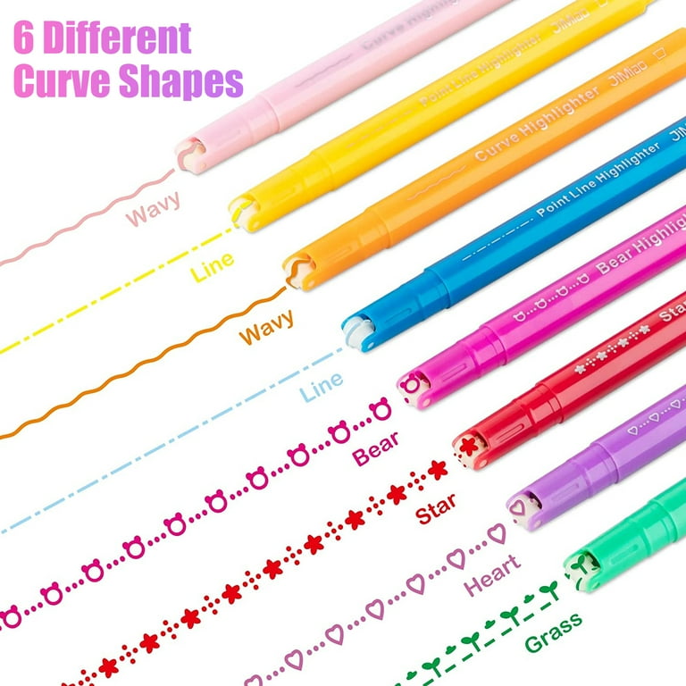 8PCS Curve Highlighter Pen Set, TSV Dual Tip Markers with 6 Curve Shapes  for Writing Journaling Drawing Scrapbook 