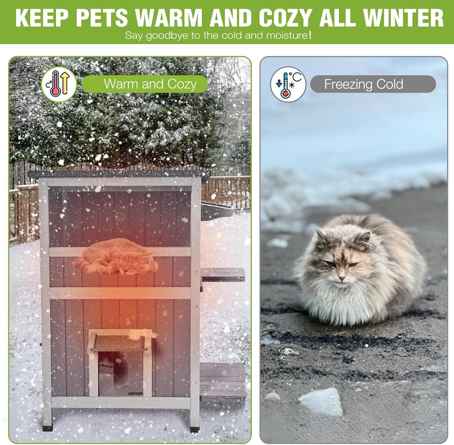 MEDEHOO 2-Story Heated Cat House Large Outdoor Insulated Cat House Weatherproof Feral Cat Shelter with Heated Pad Insulated Thermal Liner for 1-4 Cats
