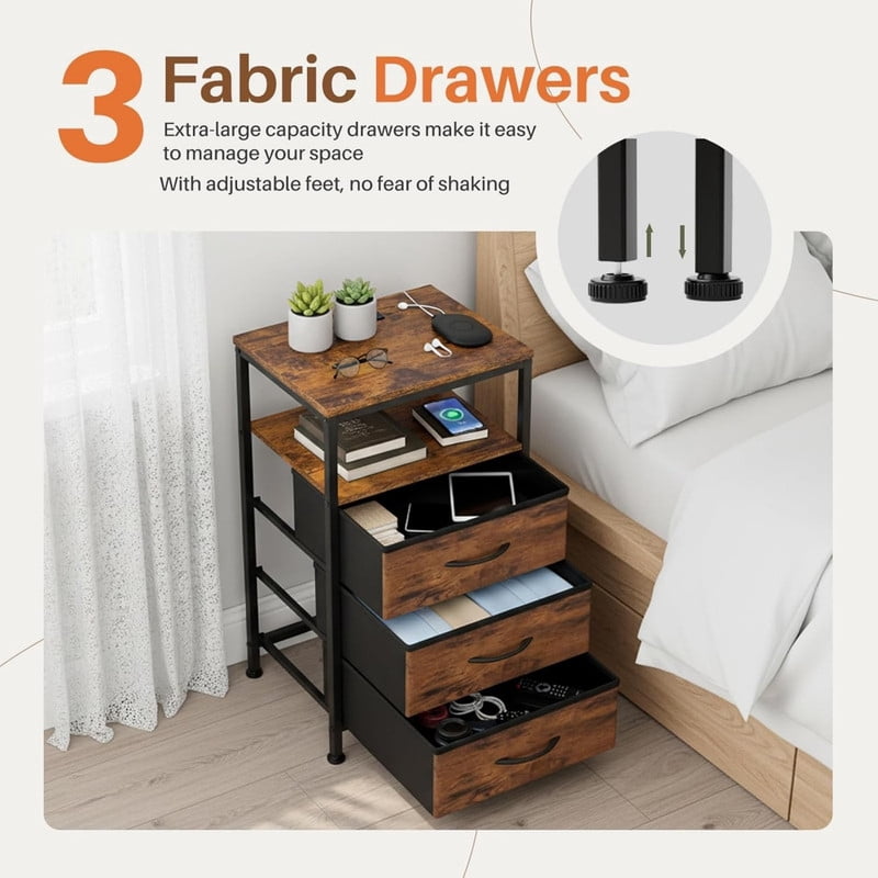 Kelno Nightstand with Charging Station Variable LED Strip End Table with 3 Fabric Drawers USB TypeC Outlets,Rustic Brown
