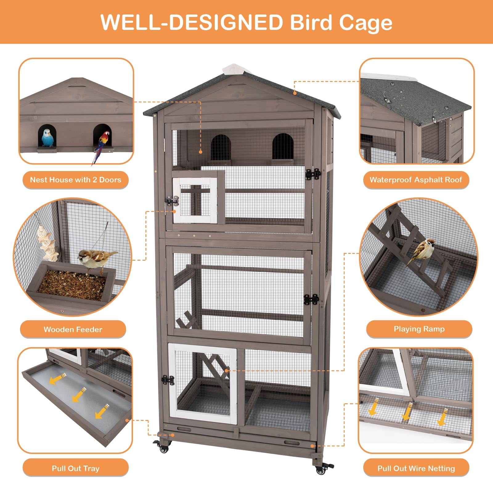 PETSCOSSET Flight Bird Cage Outdoor Large Wooden Bird Aviary on Wheels, Brown