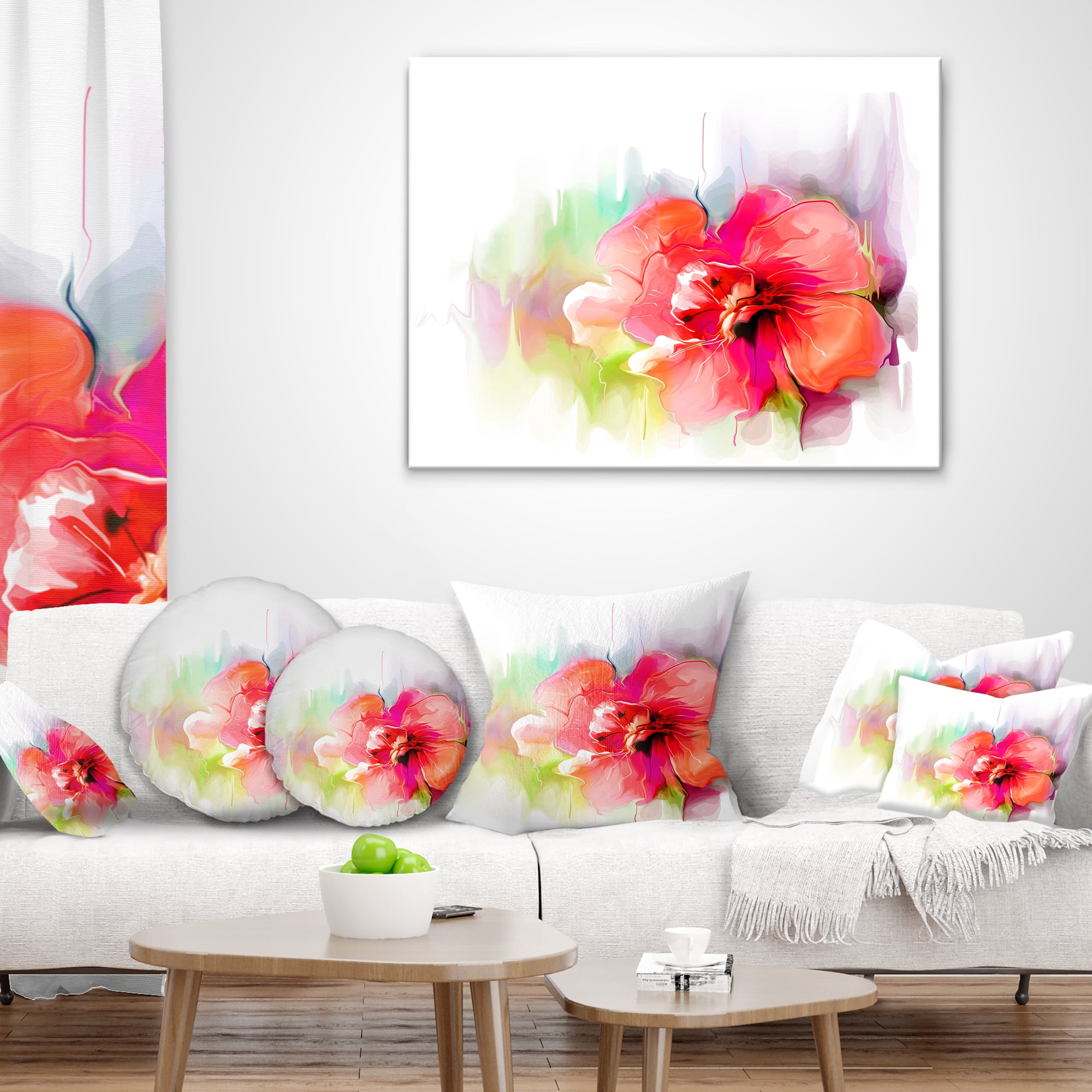 Designart Beautiful Red Floral Watercolor - Floral Throw Pillow - 12x20