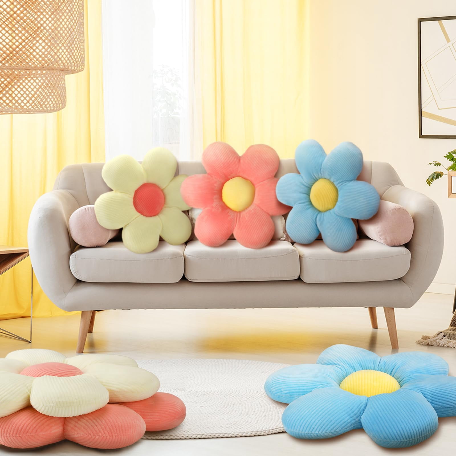 3pcs Flower Pillows Cute Plush Flower Throw Pillows Daisy, Floor Seat Cushion Chair Pads for Sofa Couch Bed Home Decor, 16 inch