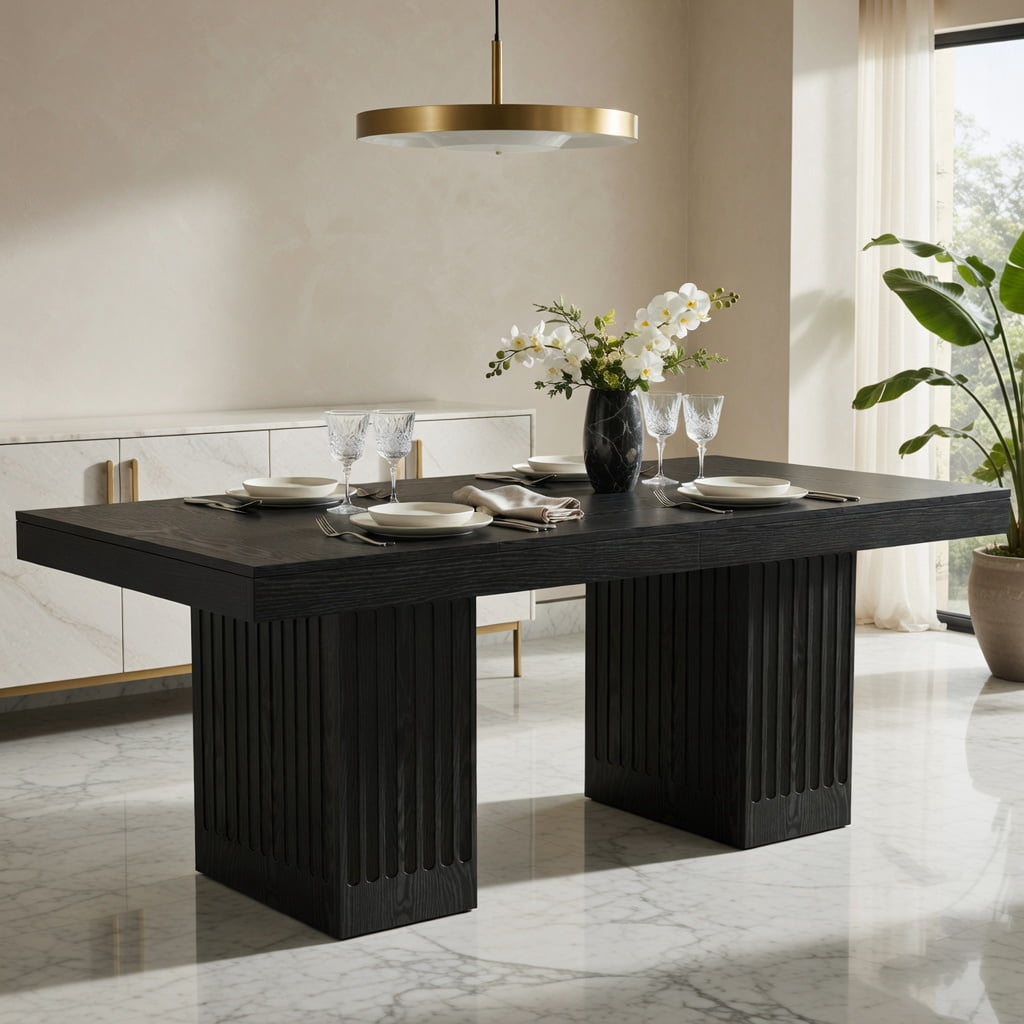 Hommoo 63 Inch Rectangular Dining Table for 4-6 People, Double Pedestal Kitchen Table with Scratch-Resistant, Modern Fluted Legs, Easy Assembly, Black