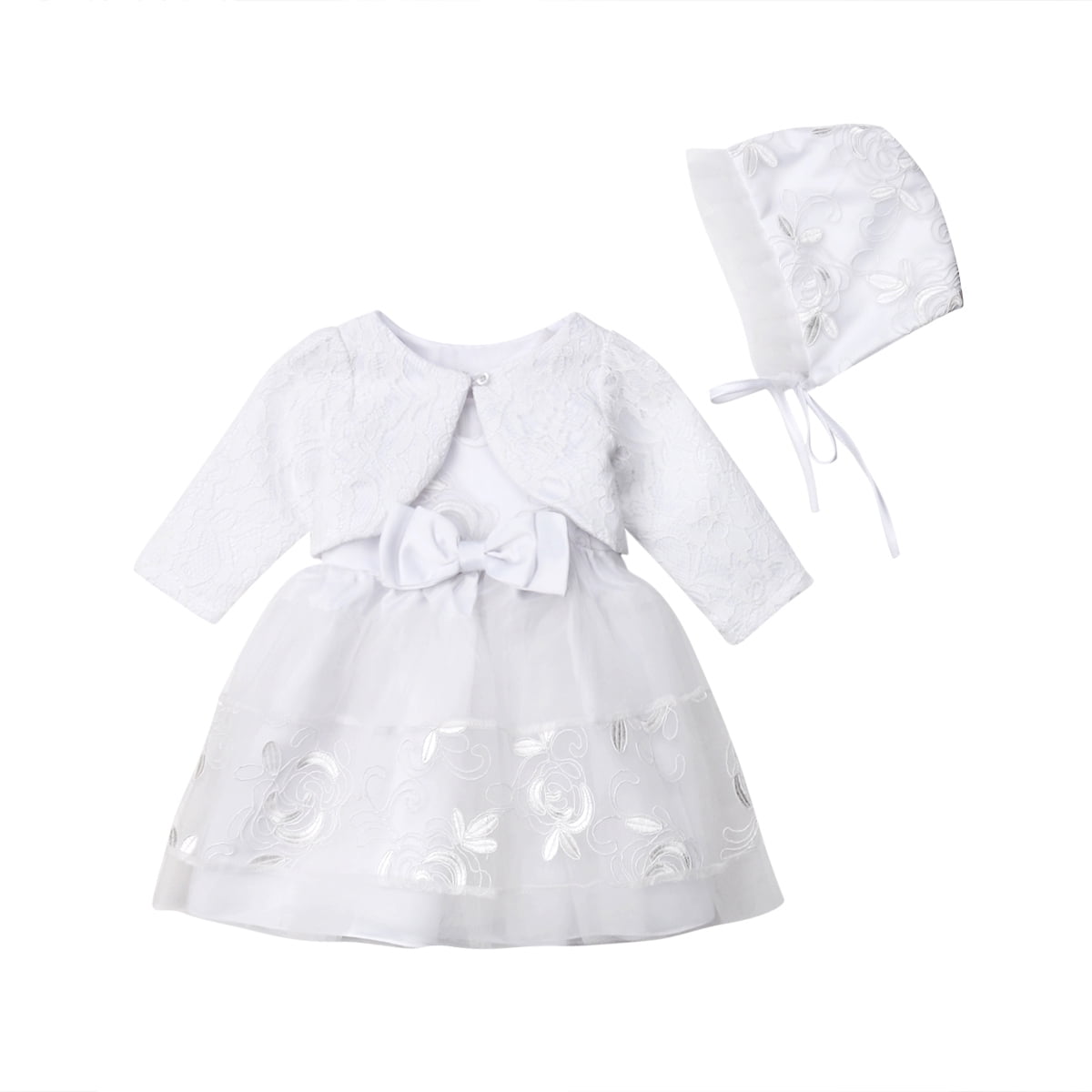 Baby Lace Christening Party Dress Bonnet Jacket White Pink 0 3 6 9 12 18 Months 
