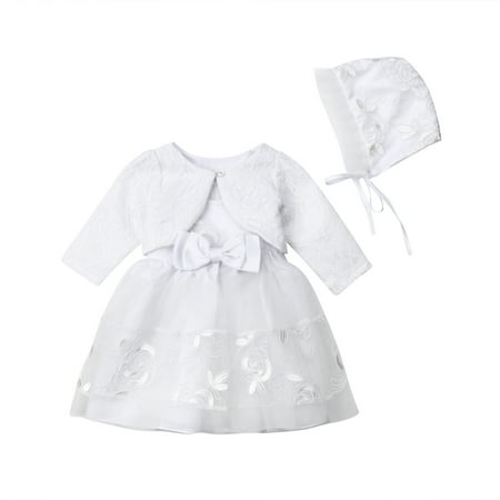 

Newborn Baby Girls Lace Party Christening Dress +Bonnet Jacket + Hat Princess Gown 0-18 Months Outfit Set