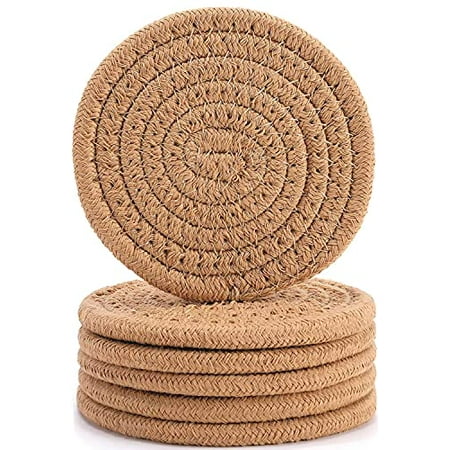 

6Pcs Coasters for Drinks ABenkle Stylish Handmade Braided Woven Drink Coasters (4.3inch) 100% Cotton Super Absorbent Heat-Resistant Round Coasters Great Housewarming Gift - Brown