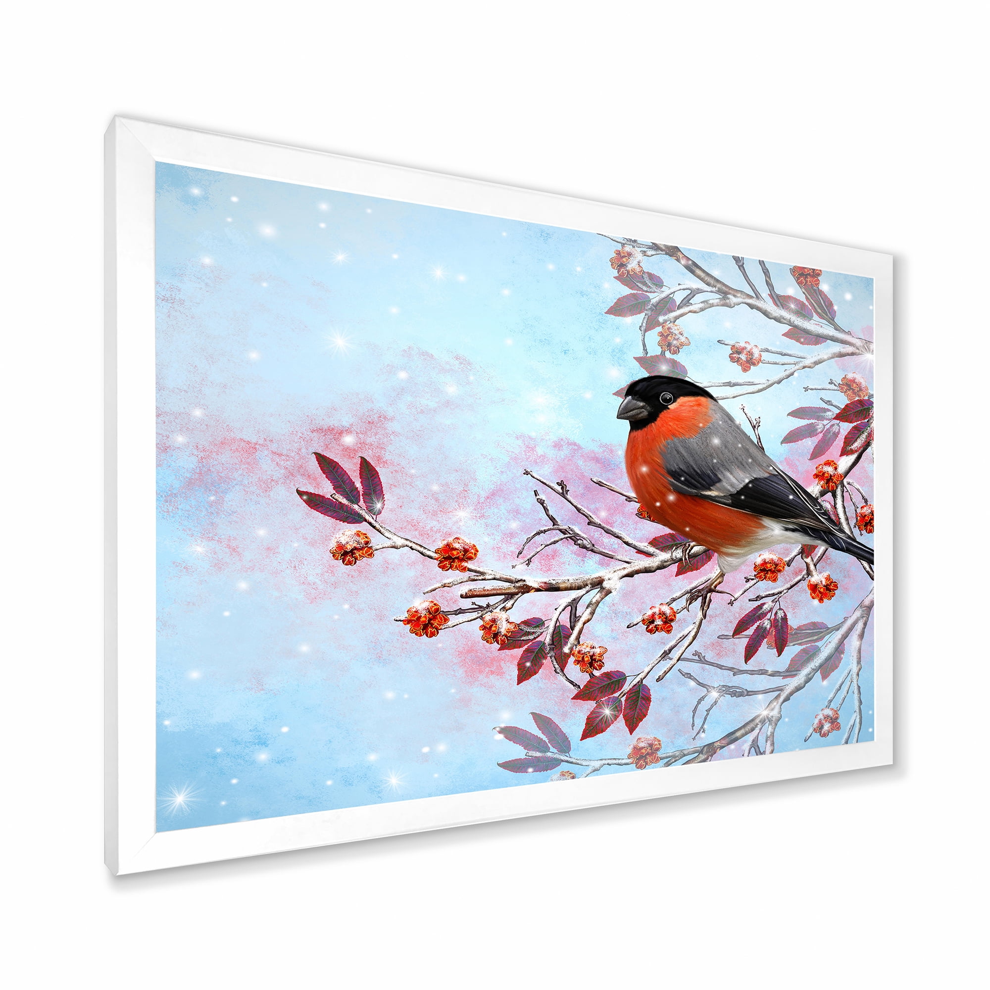 Designart 'A Bright Bullfinch Bird Sitting On A Branch' Traditional Framed Art Print
