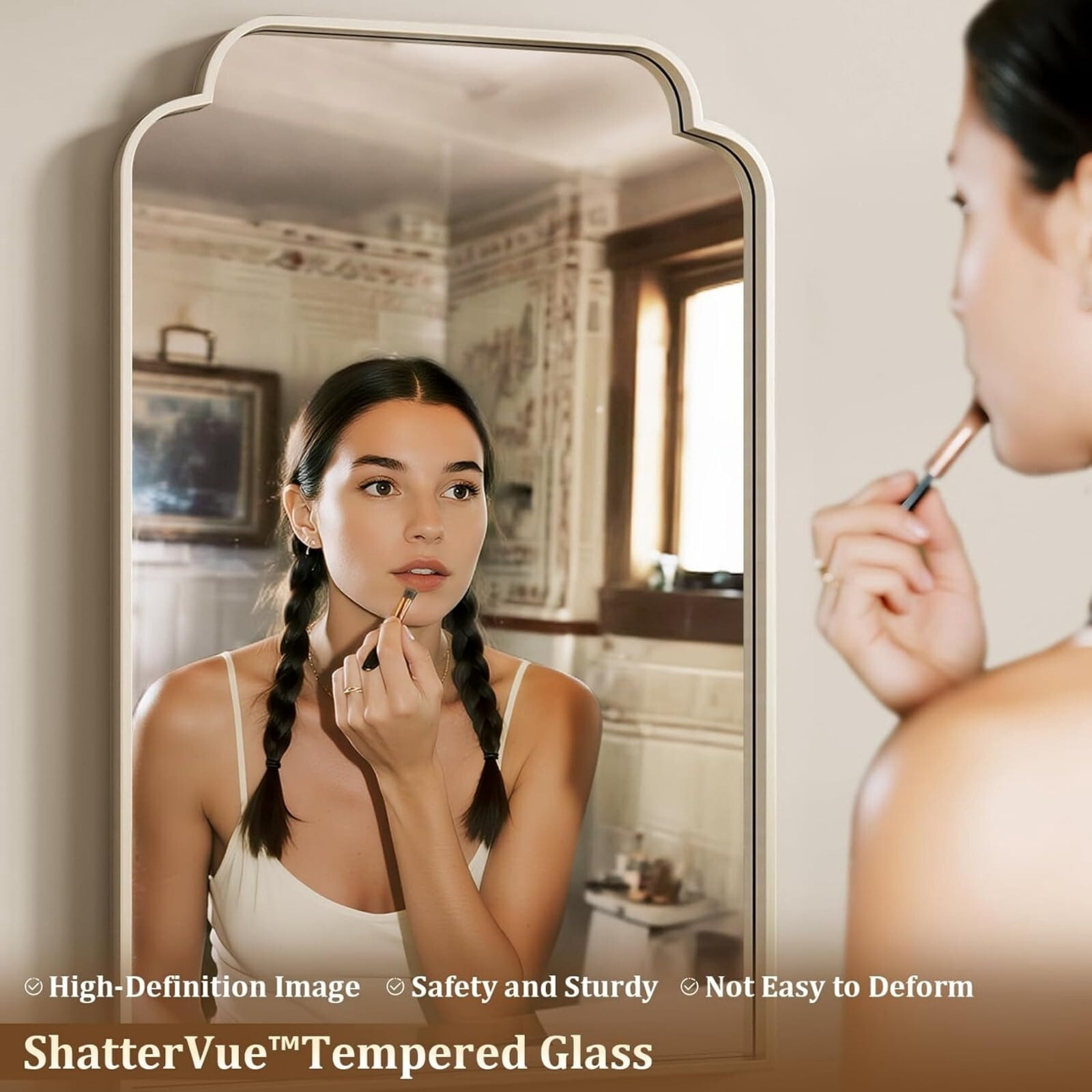 Puremirror 40"x30" Arched Bathroom Mirror Bedroom Vanity Mirror with Deep Frame, Silver