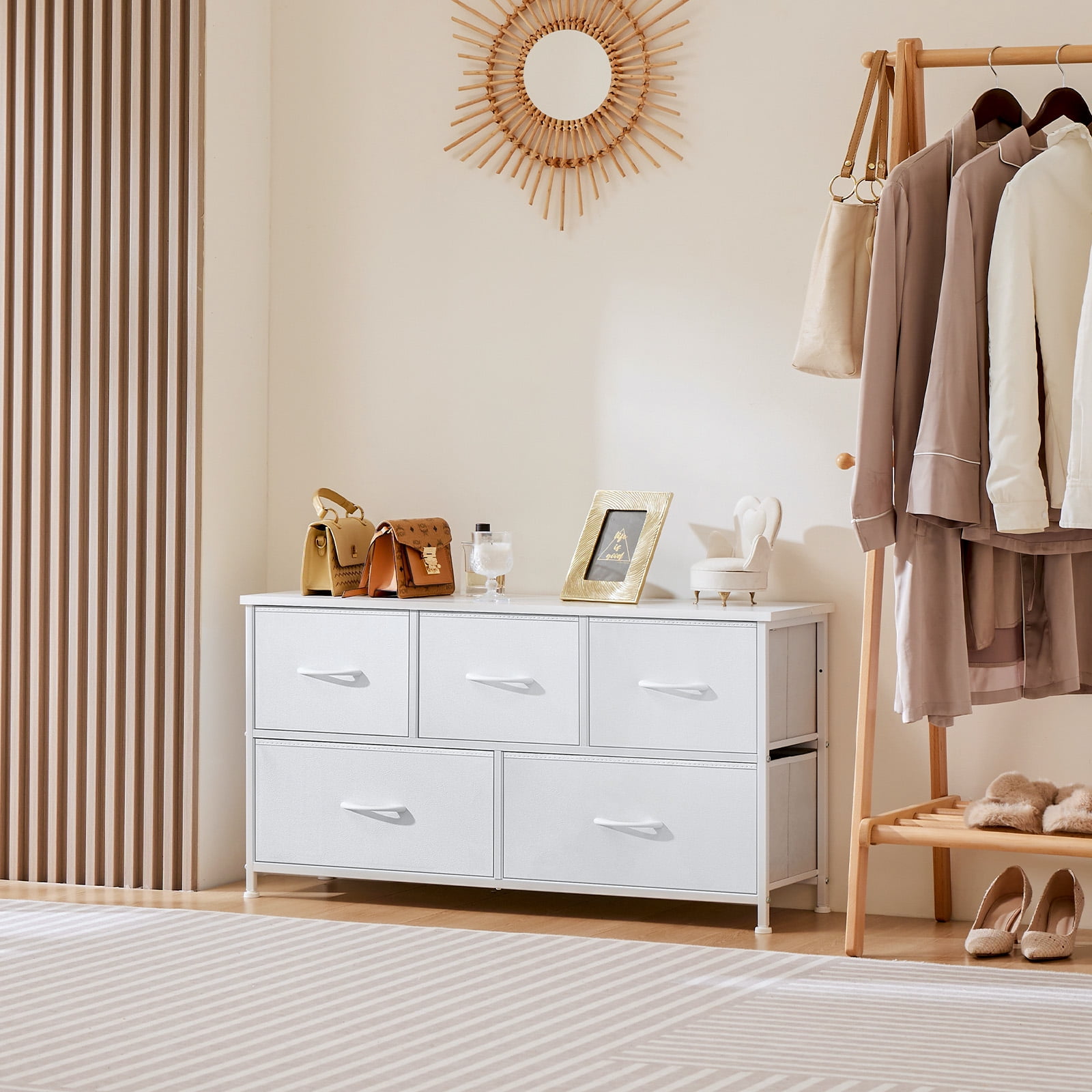 edx 5 Drawer Fabric Dresser for Bedroom, Chest of Drawer Organizer Storage Cabinet for Closet, Entryway, White