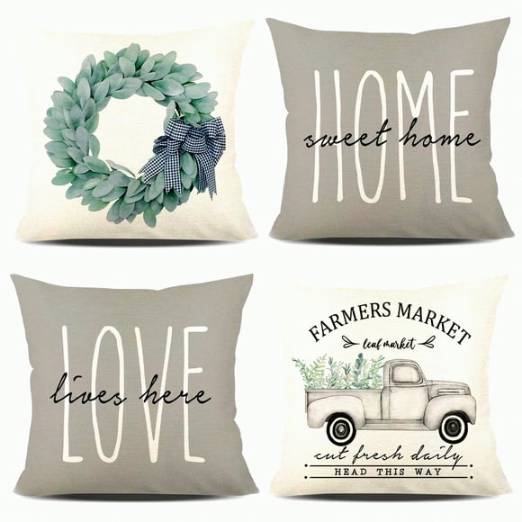 Eucalyptus Leaf Farmhouse Pillow Covers Set - Spring Summer Home Decor Cushion Cases 18x18 - Truck Love Wreath Gray Throw Pillow Covers 4 Pack