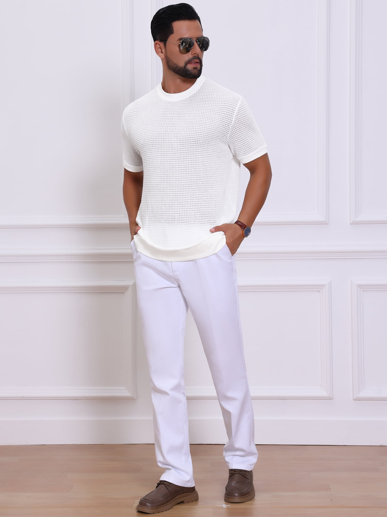 DARING DIVA Men's Waffle Short Sleeve Crew Neck Solid Knitted T-Shirt XL White