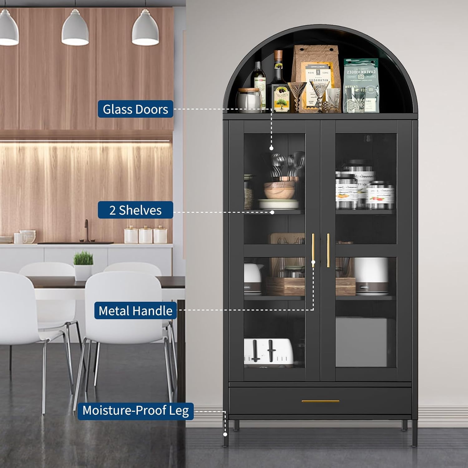 M optimized 73" Arched Pantry Cabinet with Glass Door, 2 Adjustable Shelves & Drawers, Modern Metal Bookcase, Freestanding Display Cabinet for Living Room Dinning Room, Black