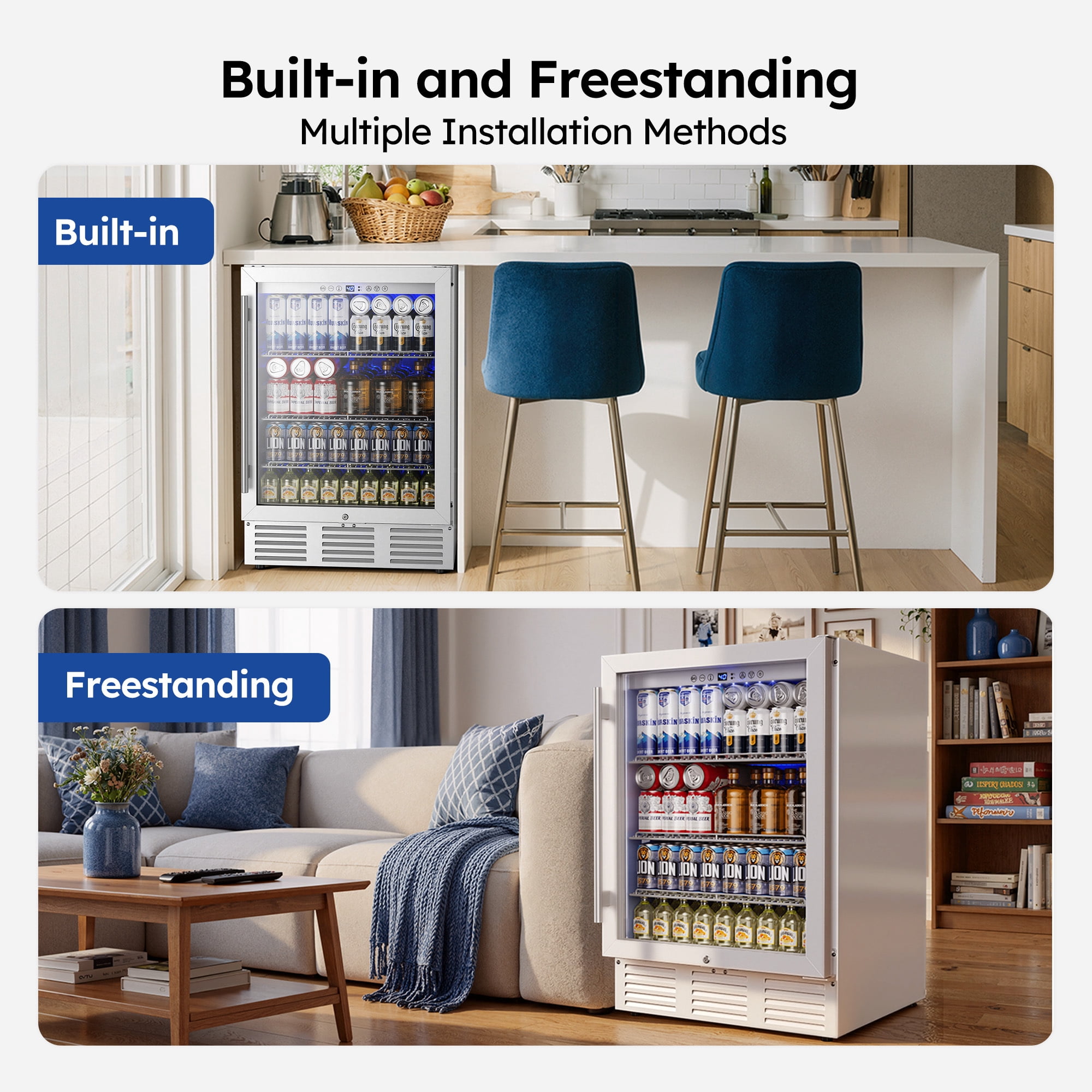 Simzlife 180 Can Beverage Refrigerator,24" Built-in Beverage Cooler with Glass Door, For Kitchen, Office or Bar,White