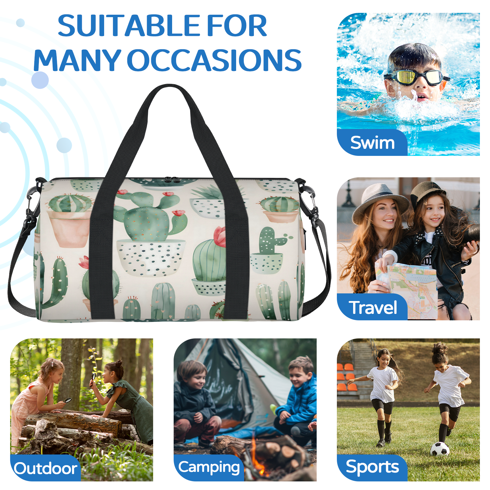 Herdesigns Cactus Travel Duffle Bag Sports Yoga Weekender Overnight Carry on Workout Bags Lightweight Waterproof Gym Tote Bag for Women