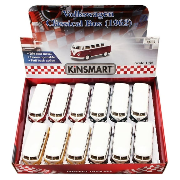 1962 Volkswagen Classic Bus Diecast Car Package - Box of 12 1/32 scale Diecast Model Cars, Assorted Colors