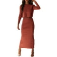 thumbnail image 2 of MSJUHEG Dresses For Women 2023 Womens Long Sleeve Tops Women'S Spring And Autumn Leisure Long Sleeve Round Neck Solid Knitted Short Sweater High Waist Long Skirt Set Lounge Sets For Women Red M, 2 of 9