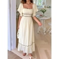 thumbnail image 3 of Women Short Sleeve Midi Dress Square Neck Contrast Color Casual Rick Rack Smocked Dresses  L, 3 of 5