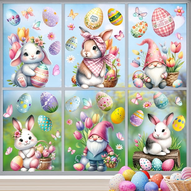 Xihbxyly Pegatina para Ventana de Conejito de Pascua, Diseño de Conejo y Globo Colorido, Material Translúcido de Pvc, Decoración para Vidrio y Puerta, Ideal para Fiestas de Pascua o Cumpleaños, Juego