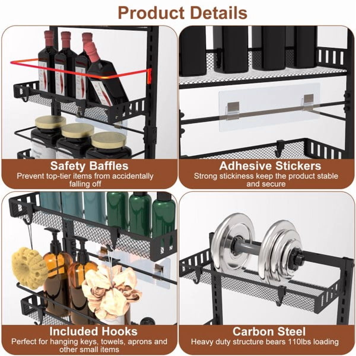 6-Tier Over the Door Pantry Organizer, Large Metal Door Spice Rack, Hanging Heavy-Duty Pantry Door Storage Shelf 10LBS Loading Easy Install Behind Door Storagefor Kitchen and Bathroom, Black