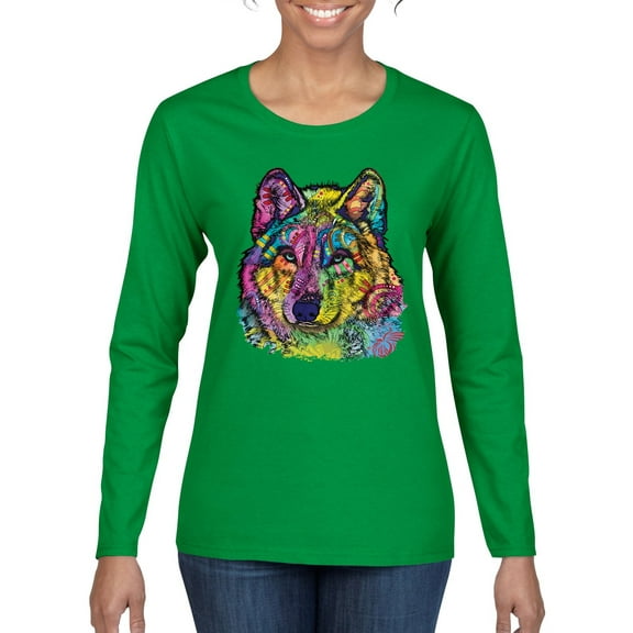 Colorful Majestic Neon Atric Wolf | Dean Russo Art Animal Lover Womens Long Sleeve T-Shirt, Kelly, 2XL